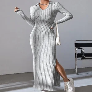 Spring and summer 2024 new style knitted slim lapel long sleeve dress pit strip solid color tight skirt