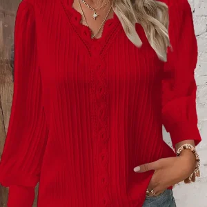 Elegant Summer Hollow Lace Patchwork Women Shirt Chic Blouse V Neck Long Sleeve Shirt Plain Lace Casual Basic Regular Tops