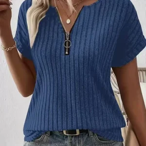 Women's Zipper Stripe Short Sleeve Hooded T-Shirt 2025 Fashion Casual Top for Ladies