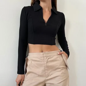 Women's T-shirt Autumn New Black Long Sleeves Crop Top Casual Fashion Zippers T-shirt Lady Turn-down Collar Sexy Tops Clothing
