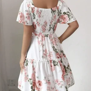 Women Floral Print Sashes Ruffle Hem Short Sleeve Casual Dress, Vacation Style Women's Evening Dresses