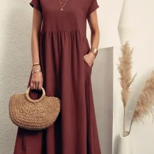 Women Vintage Solid Dress 2023 Summer Elegant O Neck Short Sleeve Cotton Linen Dresses Female Casual Loose Sundress Long Dress