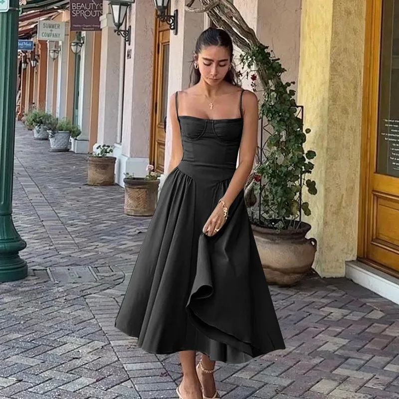 Summer Women Elegant Sleeveless Backless Pleated Dresses Lady Sexy Solid Sling Midi Dress 2024 Female Party Evening A-line Robes - Image 8