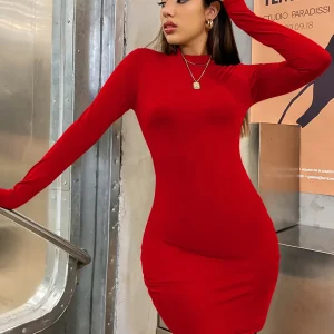 Long Sleeve Slim Bodycon Mini Dress Women Turtleneck Pleated Party Ruched Short Evening Club Outfit Soild Color