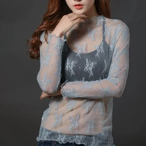 Women Half High Collar Lace Bottomed Blouse Spring And Autumn  Hollow Mesh Top Sexy Western-style Long Sleeve T-shirt Crop Top