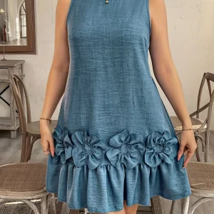 Dodge Blue Embossed Floral Dress Sleeveless Applique Midi an  Elegant Resort Wear