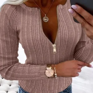 Women's Zip-Up Long Sleeve Blouse - Chic Zipper Front, Semi-Sheer Elegant Tops for Casual Formal Outfits, Easy-Care Machine Wash