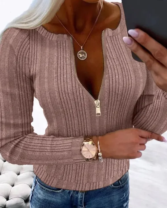 Women's Zip-Up Long Sleeve Blouse - Chic Zipper Front, Semi-Sheer Elegant Tops for Casual Formal Outfits, Easy-Care Machine Wash