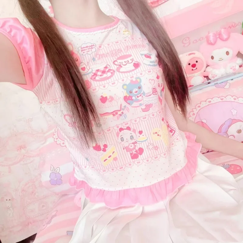 Japanese Girl Woman Clothing Cute Printed Short T-shirts Female Summer Colorful Short Tops Kawaii Pulover Youthful y2k Clothes - الصورة 3