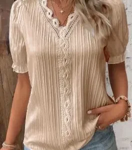 Elegant Women Blouse Shirt V Neck Lace Patchwork Short Sleeve Shirts For Women Summer Lady Tops
