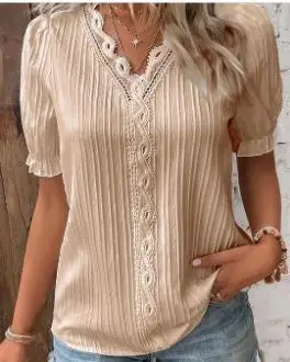 Elegant Women Blouse Shirt V Neck Lace Patchwork Short Sleeve Shirts For Women Summer Lady Tops - الصورة 9