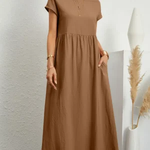 Women Vintage Solid Dress 2023 Summer Elegant O Neck Short Sleeve Cotton Linen Dresses Female Casual Loose Sundress Long Dress