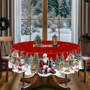1 Piece of Christmas Round and Rectangular Tablecloth, Available in Various Sizes, for Christmas and New Year, Santa Claus and Snowman Red Tablecloth, Christmas Yard Tablecloth Decoration, Suitable for Daily Home Kitchen and Party Use, Gift