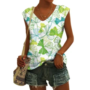 Women's Basic T-shirts Blue Flower Printed Breathable V Neck Cap Sleeves Tank Tops Vintage Summer Beach Loose Fit Tees Tops