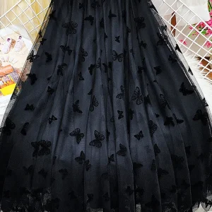Butterfly Flocking Tulle Long Skirt Women Aesthetic Casual A Line Elastic High Waist Midi Mesh Skirt Female Black