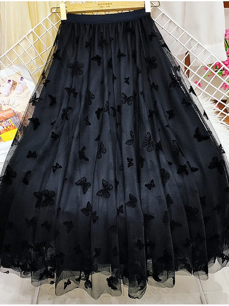Butterfly Flocking Tulle Long Skirt Women Aesthetic Casual A Line Elastic High Waist Midi Mesh Skirt Female Black - الصورة 3