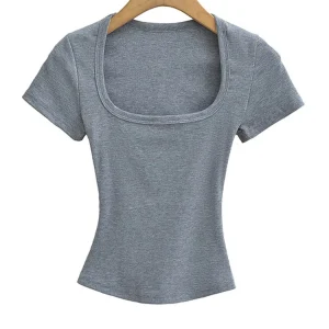 Summer square neck high elasticity crop top women's short sleeved sexy top slim fit pullover base shirt