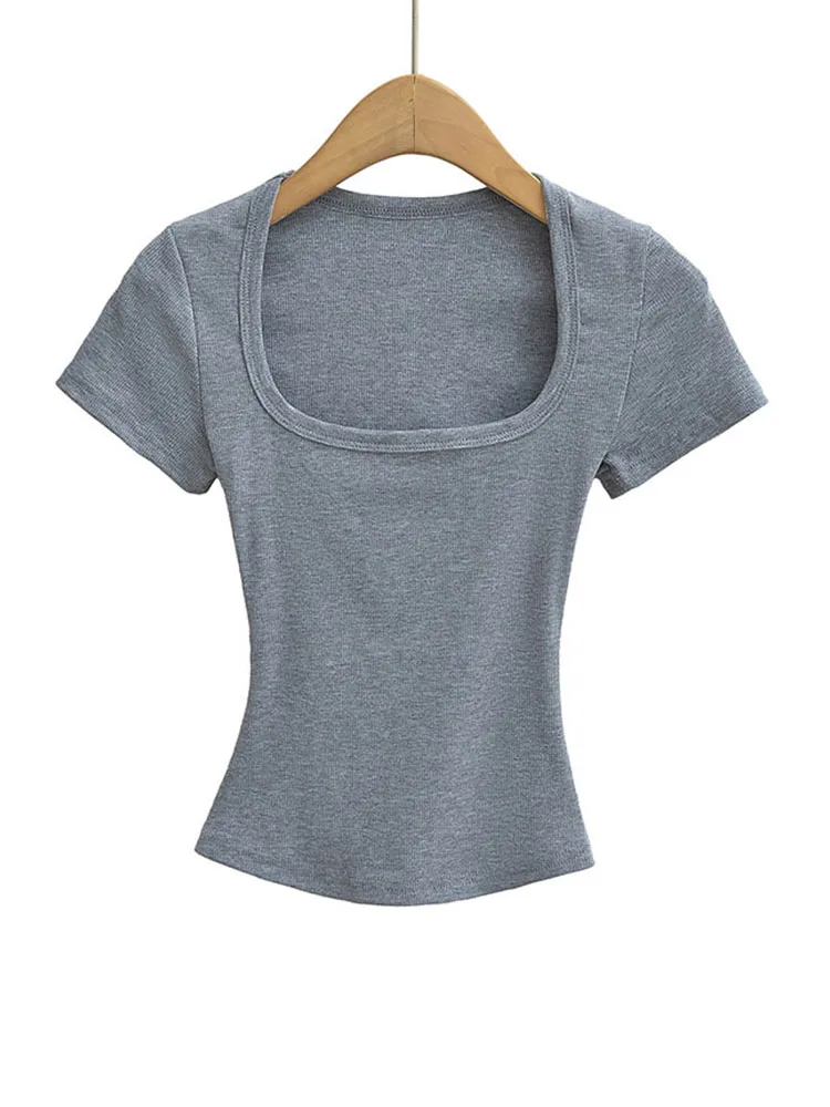 Summer square neck high elasticity crop top women's short sleeved sexy top slim fit pullover base shirt - Image 4