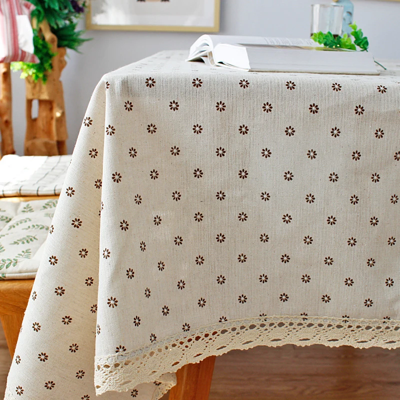 Beige Daisy Lace Tassels Cotton Tablecloth Rectangle Table Cover for Tea Table Decorations Kitchen Living Room Wedding Party Use - الصورة 7