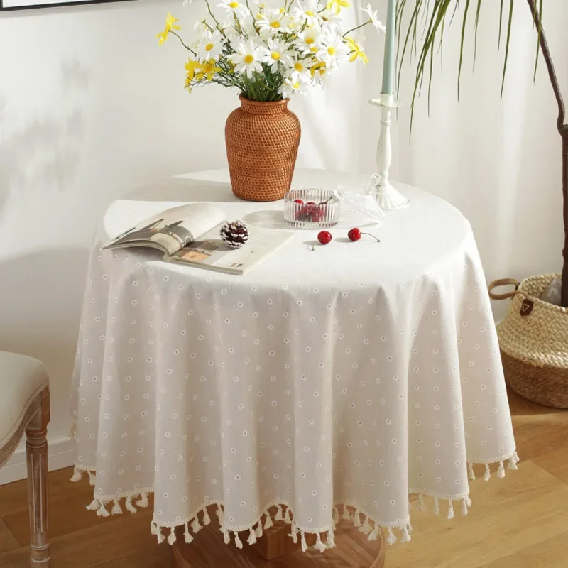 Green Leaves Print Round Tablecloth Cotton Linen Boho Table Cloth with Tassels for Kitchen Restaurant Christmas Party Decoration - الصورة 7