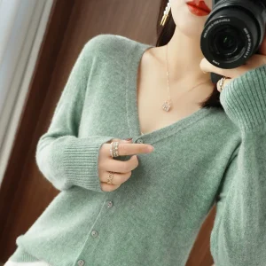 Cardigans Women 2025 Autumn Single Breasted V-neck Knitted Sweater Fashion Short Knitwear Solid Blue Green Pink Women's Jumpers