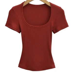 Summer square neck high elasticity crop top women's short sleeved sexy top slim fit pullover base shirt