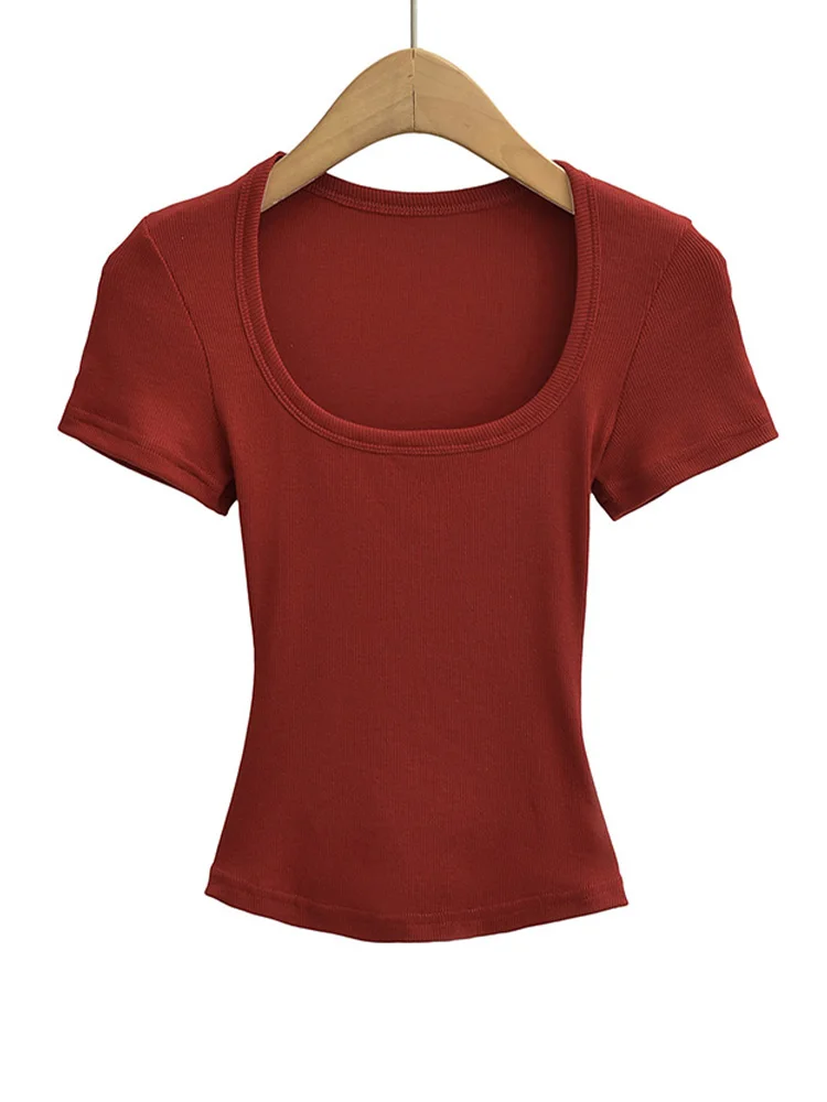 Summer square neck high elasticity crop top women's short sleeved sexy top slim fit pullover base shirt - Image 5