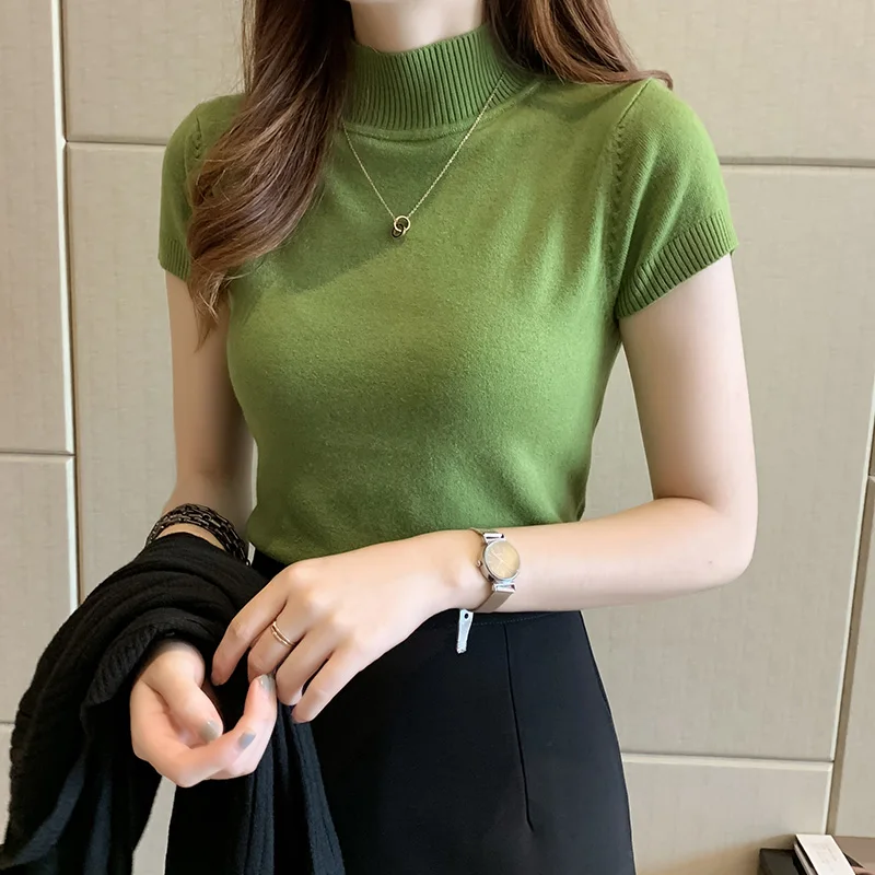 Spring Summer Women Knitted T-Shirts Short Sleeve Shirts Tops Female Elastic Slim Casual Knit Tee Crop Tops Women's T-Shirts - Image 9