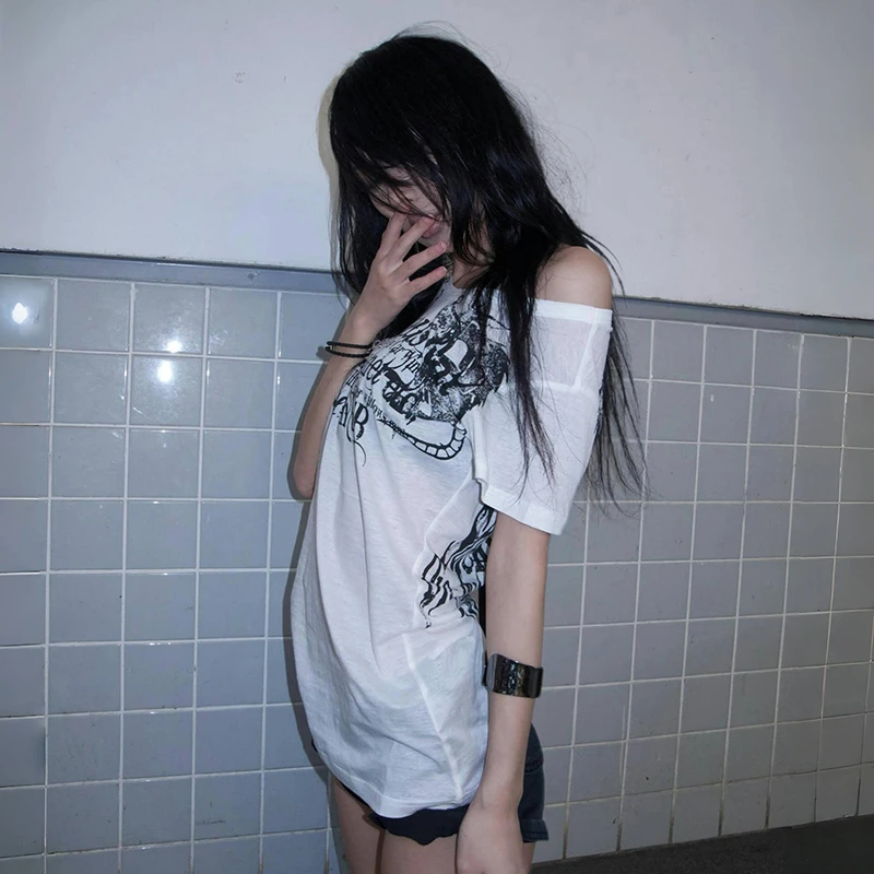 Karrram Japanese Y2k Letter Print T-shirt Trashy 2000s Style Tattoo T Shirt Vintage Harajuku Short Sleeve Sheer Tops Grunge Goth - الصورة 2