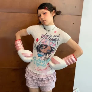 Karrram Japanese Y2k Anime Print T-shirt 2000s Aesthetics Kawaii Crop Top Vintage Harajuku Cutecore Short Sleeve T Shirts Lolita