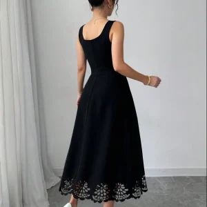 Minimalist Black Fit-and-Flare Dress Square Neck Sleeveless Laser Cut Lace Hem Casual Wedding Guest Dress