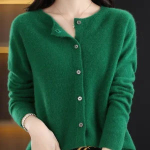 2024 New Chic Women's Basic O-neck Cardigan 100% Merino Wool Sweater Soft Grace Knitwear CoatSpring Autumn Female Clothes Tops