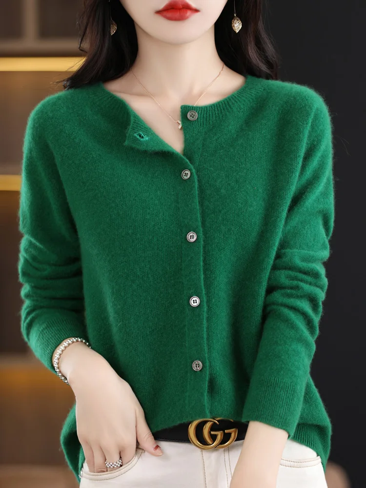 2024 New Chic Women's Basic O-neck Cardigan 100% Merino Wool Sweater Soft Grace Knitwear CoatSpring Autumn Female Clothes Tops - الصورة 4