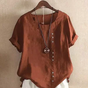Vintage Harajuku Button T Shirt Casual Summer Short Sleeve Cotton Linen Solid Loose Blouse Elegant Oversize Tee Shirt Streetwear