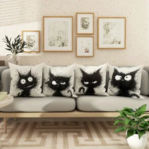 Contemporary Style Throw Pillow Covers with Whimsical Cat Design,Machine Washable for Various Room Decor, 18x18 inches
