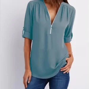 2025 Hot Sale Women Cool Loose Shirt Deep V Neck Chiffon Fashion Blouse Casual Ladies Tops Sexy Zipper Pullover Plus Size