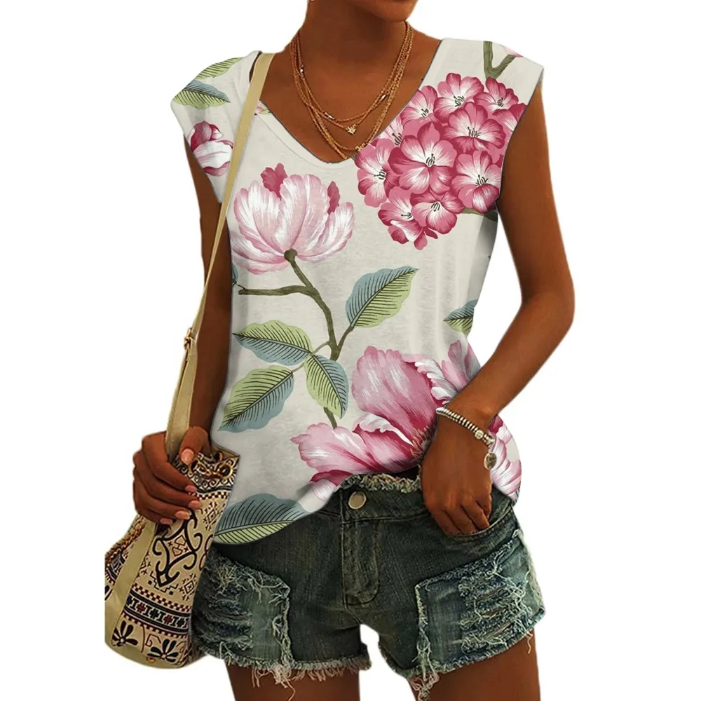 Women's Basic T-shirts Blue Flower Printed Breathable V Neck Cap Sleeves Tank Tops Vintage Summer Beach Loose Fit Tees Tops - Image 17