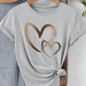 Summer New Fashion Women's Heart Printed T-shirt Trendy Casual Round Neck Top Short Sleeves Women T-shirt Women Clothing