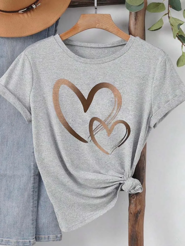 Summer New Fashion Women's Heart Printed T-shirt Trendy Casual Round Neck Top Short Sleeves Women T-shirt Women Clothing - الصورة 3
