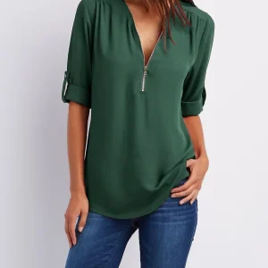 2025 Hot Sale Women Cool Loose Shirt Deep V Neck Chiffon Fashion Blouse Casual Ladies Tops Sexy Zipper Pullover Plus Size