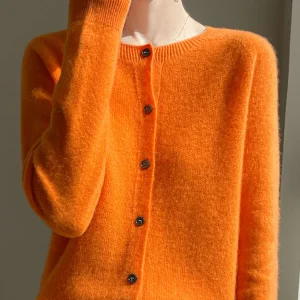 Women 100% Merino Wool Cardigan Soft O-Neck Cashmere Sweater OL Buttoned Knitwear Casual Top Clothing Korean Style