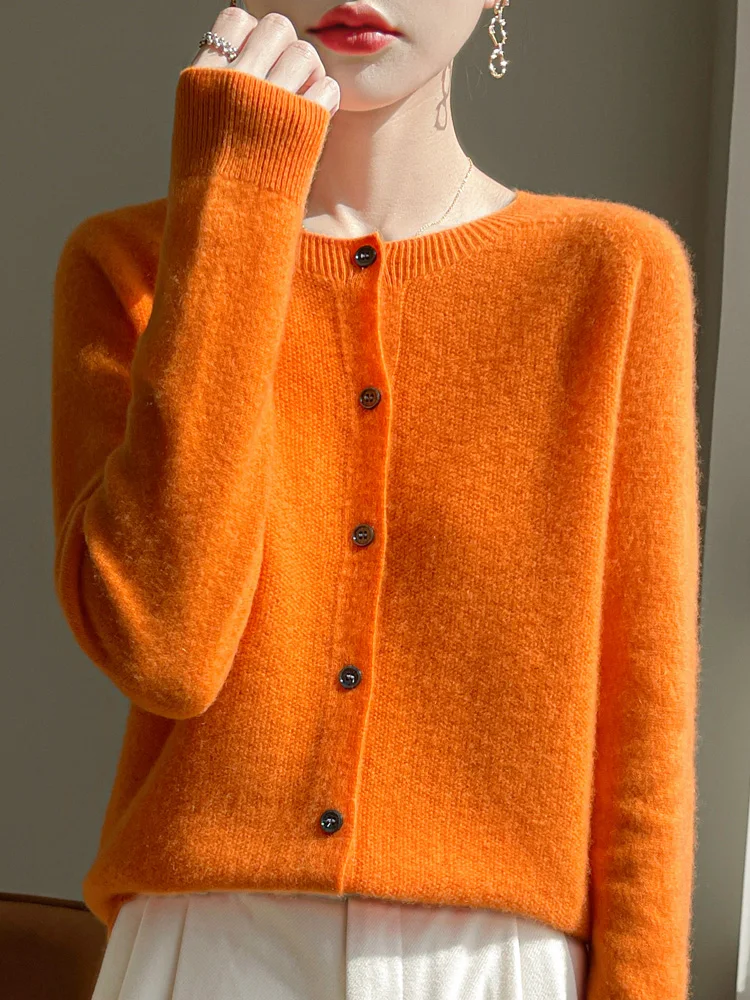 Women 100% Merino Wool Cardigan Soft O-Neck Cashmere Sweater OL Buttoned Knitwear Casual Top Clothing Korean Style - Image 10