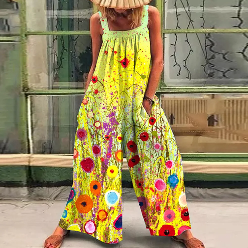 Loose casual lazy wind oversize print suspenders one-piece pants 2024 summer new straps broad leg one-piece pants woman