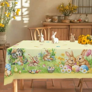 Easter Bunny Eggs Flowers Tablecloth for Table Decor Spring Tulip Daisy Floral Rectangle Dining Table Cloth Easter Decorations