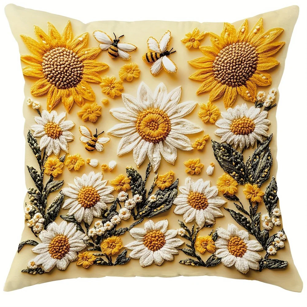 Floral Pillow Covers with Sunflowers, Daisies, Bees, and Butterflies Sofa cushion cover home room decoration 2D flat printing - Image 10