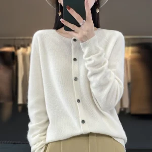 Fashion Women 100% Merino Wool Cardigans Cashmere Sweater Autumn Winter O-neck Long Sleeve Knitwear Female Basic Clothing Tops