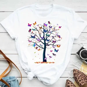 New Fashion Women T-shirt Colorful Butterfly Petal Print Short Sleeve and Round Neck Cute Graphic Tee Shirts Female Tops Clothin