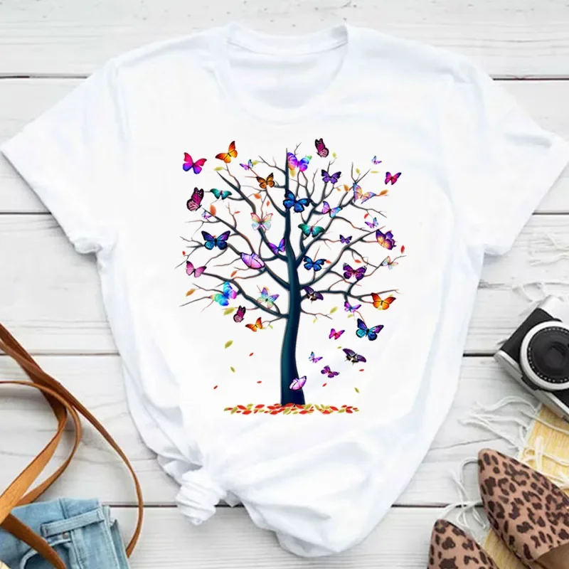 New Fashion Women T-shirt Colorful Butterfly Petal Print Short Sleeve and Round Neck Cute Graphic Tee Shirts Female Tops Clothin - Image 15