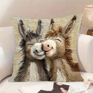 Plush Donkey Pillow Cover - Cute cartoon donkey design, soft beige background, home decor, wedding, office (pillow not included)