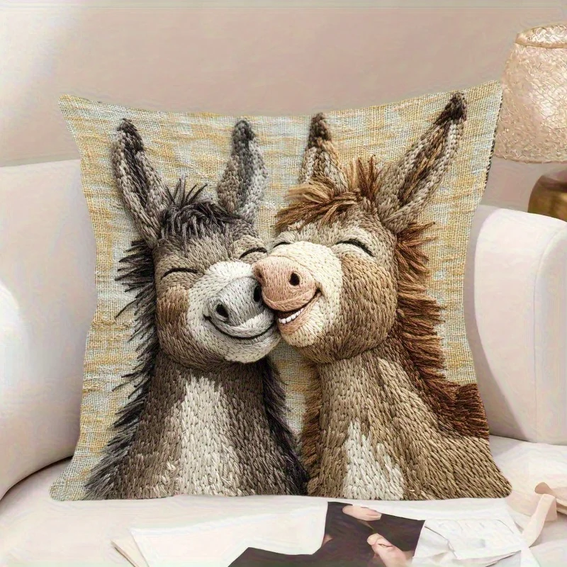Plush Donkey Pillow Cover - Cute cartoon donkey design, soft beige background, home decor, wedding, office (pillow not included)